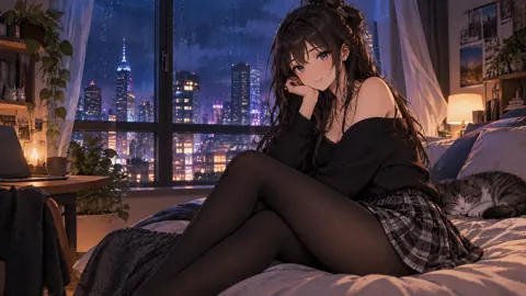 Anime Woman With Sleeping Cat