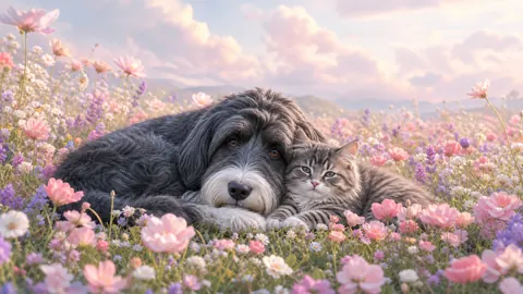 Dog Cuddling Kitty in Wildflowers