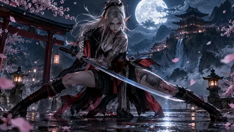 Elf Samurai Beneath Full Moon