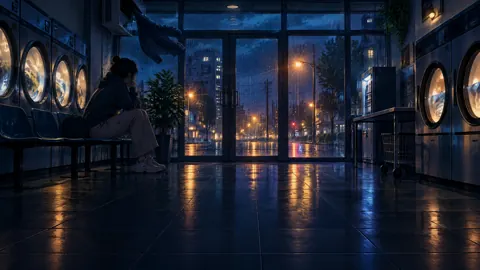 Person in Rainy Laundromat