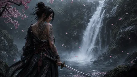 Tattooed Woman by Waterfall