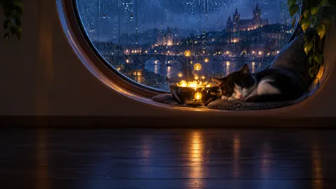 Sleeping Kitten by Rainy Window