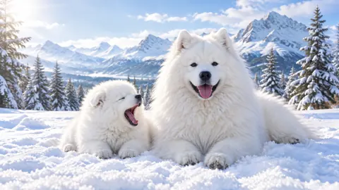Samoyed and Puppy in Snow
