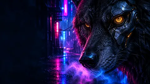 Cyber Wolf in Neon Rain
