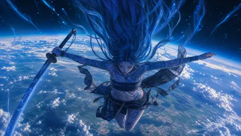 Blue-Haired Samurai Above Earth