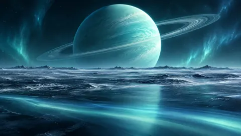 Turquoise Ringed Planet Over Ice