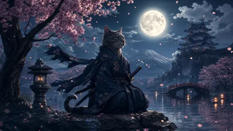 Cat Samurai by Japanese Castle