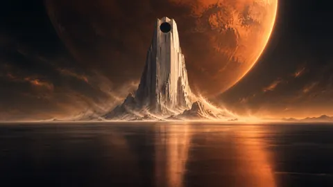 Monolith Beneath Orange Planet