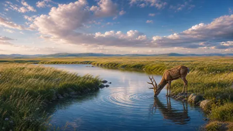 Deer Drinking From River