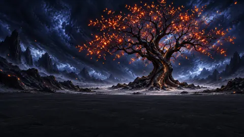 Obsidian Tree with Ember Leaves