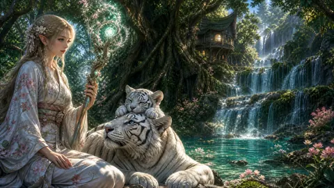 Elven Woman with White Tigers