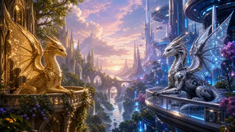 Golden and Robotic Dragon Faceoff