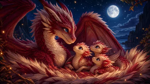 Wyvern and Hatchlings Under Moon