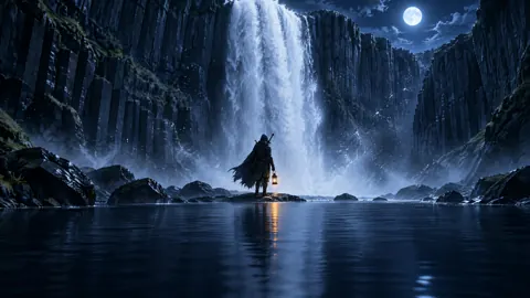 Armored Wanderer at Moonlit Waterfall
