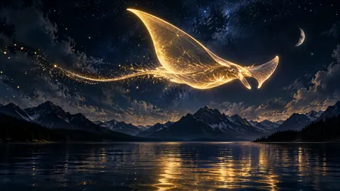 Golden Manta Ray Over Lake