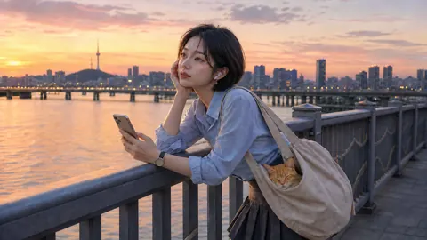 Woman With Cat on Seoul Bridge