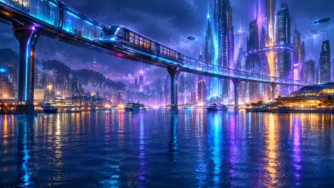 Futuristic Train Above Neon Harbor