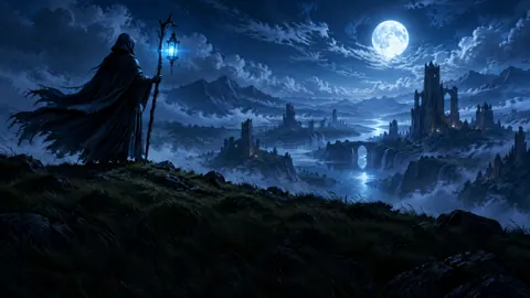 Hooded Keeper Above Moonlit Ruins
