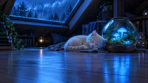Sleeping Kitten by Blue Mushrooms