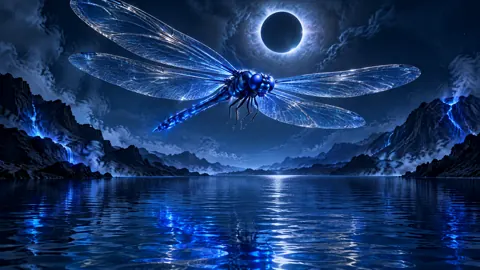 Cobalt Dragonfly Over Volcanic Lake