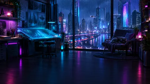 Cyberpunk Studio With Gray Cat