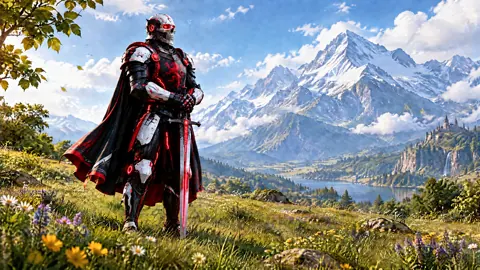 Cyberpunk Knight in Alpine Meadow