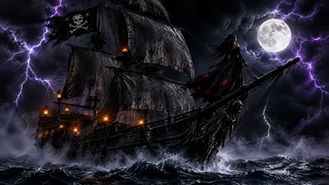 Pirate Galleon Under Purple Lightning