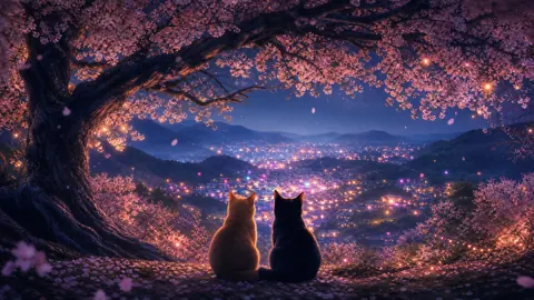 Two Cats Under Cherry Blossoms