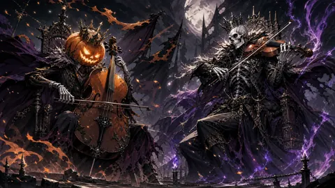 Pumpkin and Skeleton Kings Playing Music