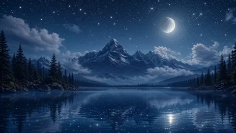 Snowy Mountains Over Moonlit Lake