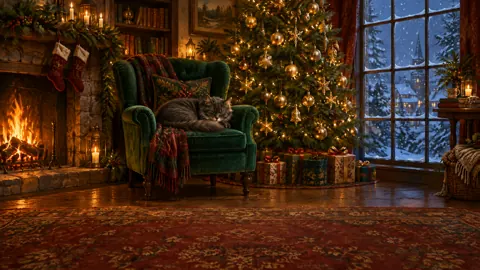 Gray Cat by Christmas Tree