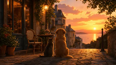 Cat And Golden Dog at French Café