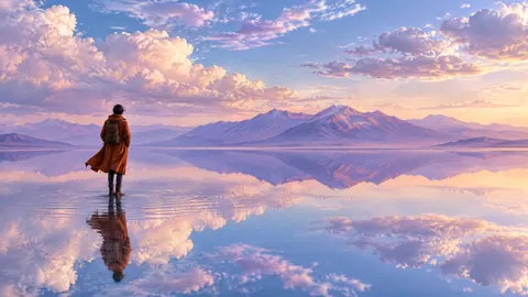Traveler in Reflective Salt Flats