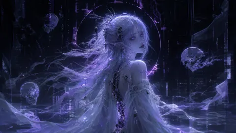 Cyber Ghost With Floating Skulls