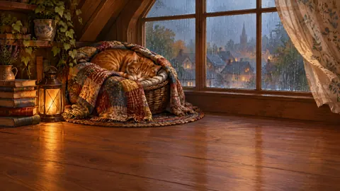 Sleeping Ginger Cat by Rainy Window