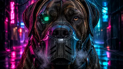 Cybernetic Mastiff in Neon Rain