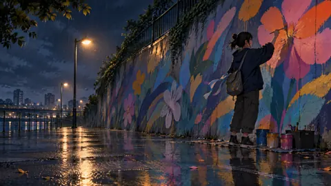 Mural Artist Painting Flowers at Night