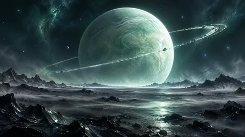 Jade Ringed Planet Over Volcanic Plain