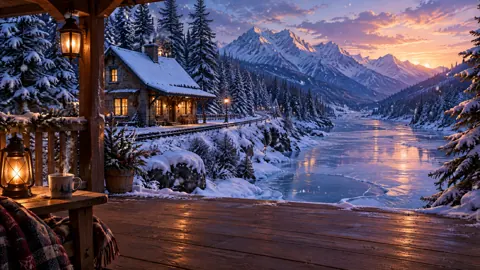 Snowy Railway Cottage at Sunset