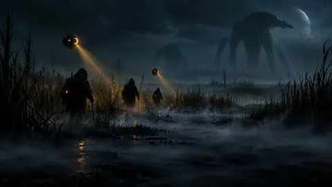Hooded Researchers in Alien Marsh