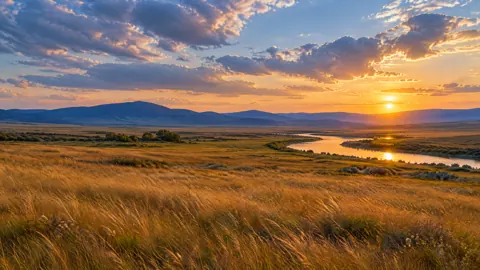 Golden River Through Grassland