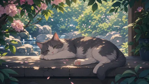 Cat by Cherry Blossom Stream