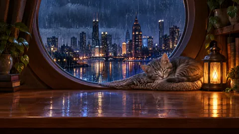 Sleeping Kitten by Rainy Window
