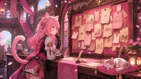 Pink-Haired Catgirl at Guild Board