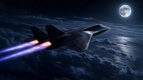 Black Stealth Jet Above Clouds