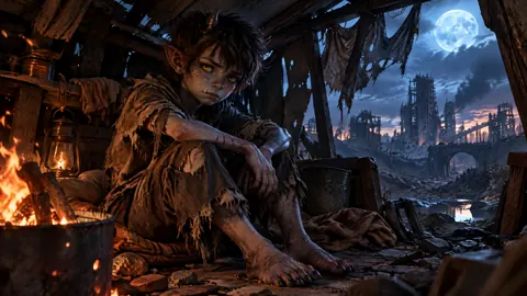 Horned Boy in Firelit Shack