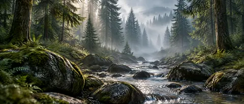 Rocky Stream in Evergreen Forest