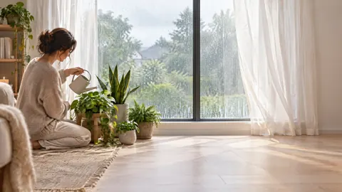 Woman Watering Houseplants by Window