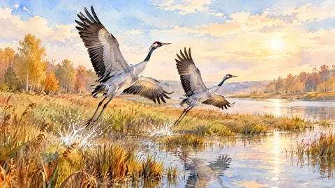 Red-Crowned Cranes at Sunset