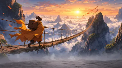 Saffron Courier on Rope Bridge